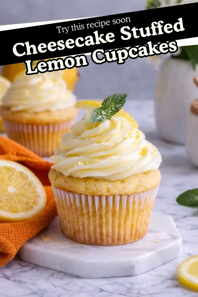 Cheesecake Stuffed Lemon Cupcake with Lemon Frosting and Fresh Mint Garnish