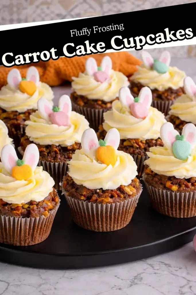 carrot cake cupcakes with fluffy frosting and Easter bunny toppers on black tray