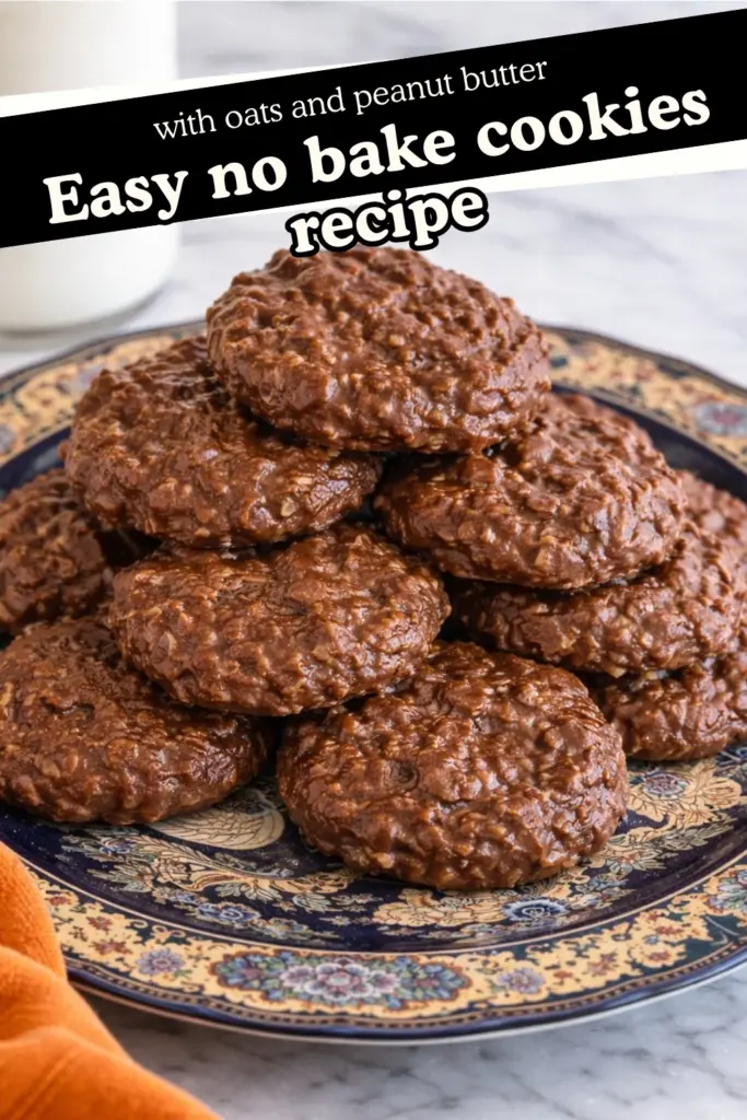 Easy no bake cookies with oats and peanut butter stacked on decorative plate
