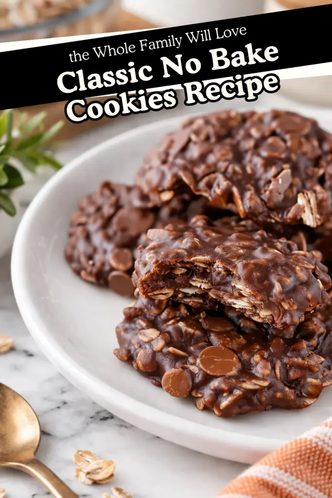 Classic No Bake Cookies Recipe Image with Chocolate Oat Cookies on Plate