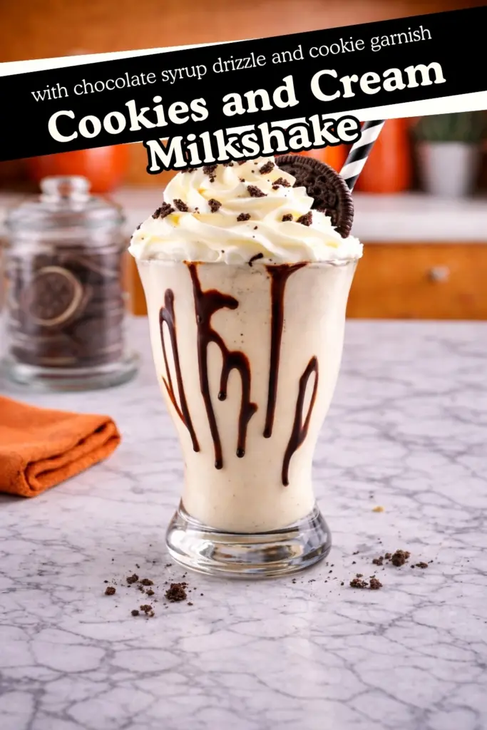 Cookies and Cream Milkshake recipe image with chocolate drizzle and whipped cream