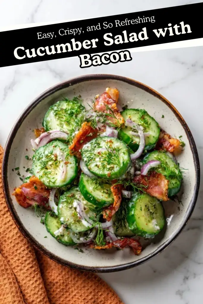 Cucumber salad with bacon and dill in a bowl with text overlay easy crispy refreshing