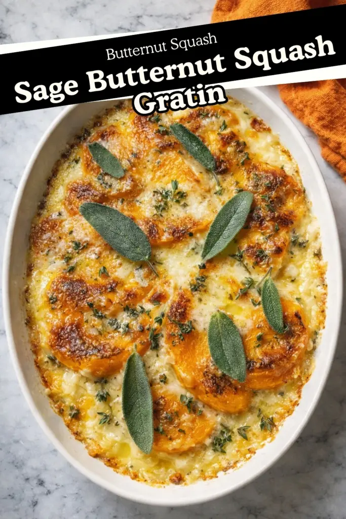Sage butternut squash gratin with golden cheese top and fresh sage leaves in white dish with recipe title overlay