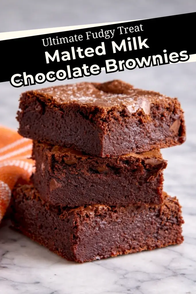 Malted Milk Chocolate Brownies stacked with text overlay ultimate fudgy treat