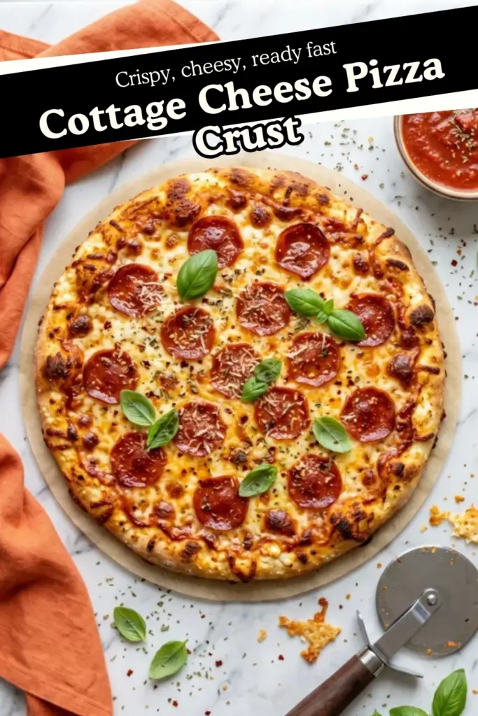 Cottage cheese pizza crust with melted mozzarella, pepperoni, and basil on marble countertop with orange kitchen towel and text overlay