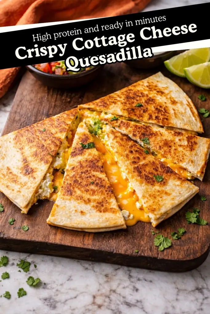 Crispy cottage cheese quesadilla sliced into golden triangles with melted cheese, served on a wooden board with guacamole, sour cream, and lime, with text overlay high protein and ready in minutes