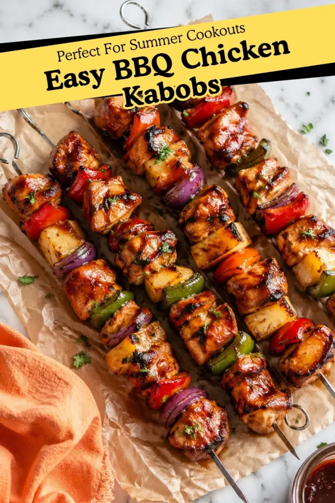 Grilled BBQ Chicken Kabobs with pineapple, bell peppers, red onion, and sticky BBQ glaze for summer cookouts