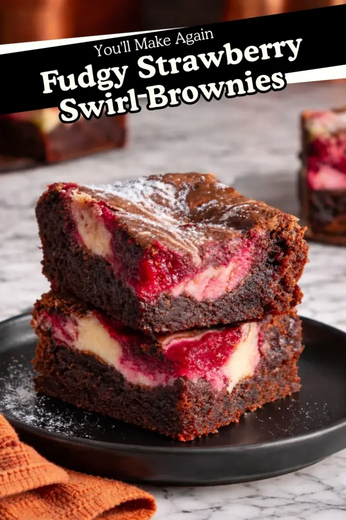 Fudgy Strawberry Swirl Brownies with Cheesecake Layers on Black Plate Text Overlay