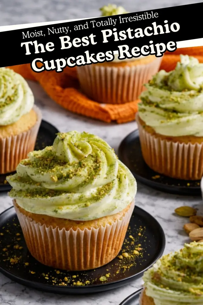 Pistachio cupcakes with creamy frosting and crushed nuts on black plate
