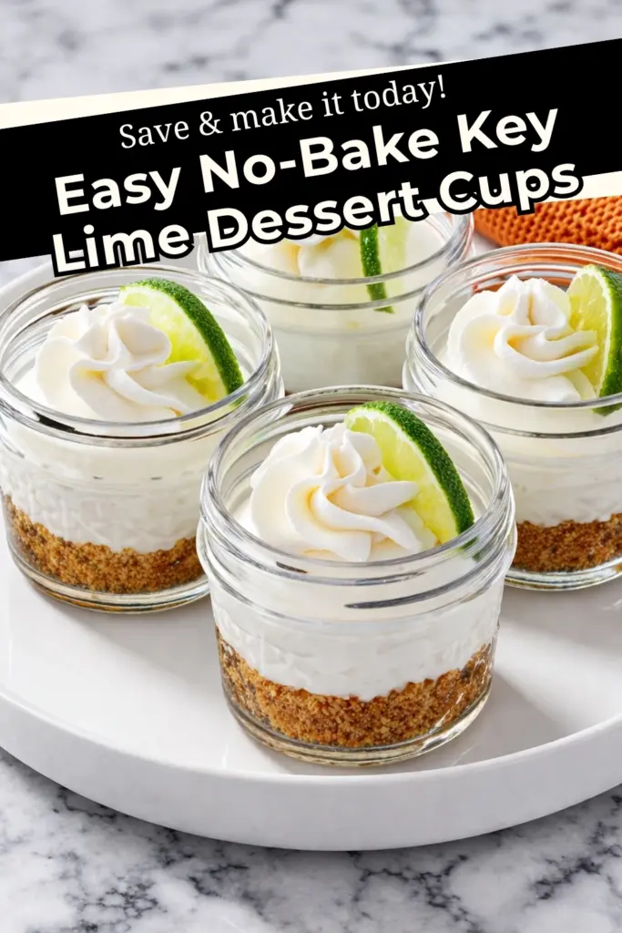 No-bake key lime pie jars with creamy cheesecake layers, graham cracker crust, whipped cream, and lime slices on a marble tray