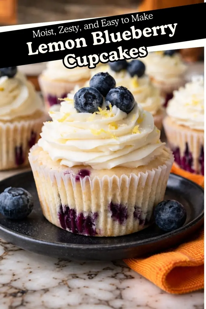 Lemon blueberry cupcake with creamy frosting and fresh blueberries on black plate with text overlay