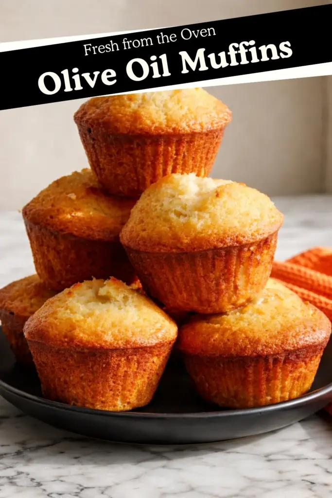 Fresh Olive Oil Muffins Stacked on Black Plate with Marble Background