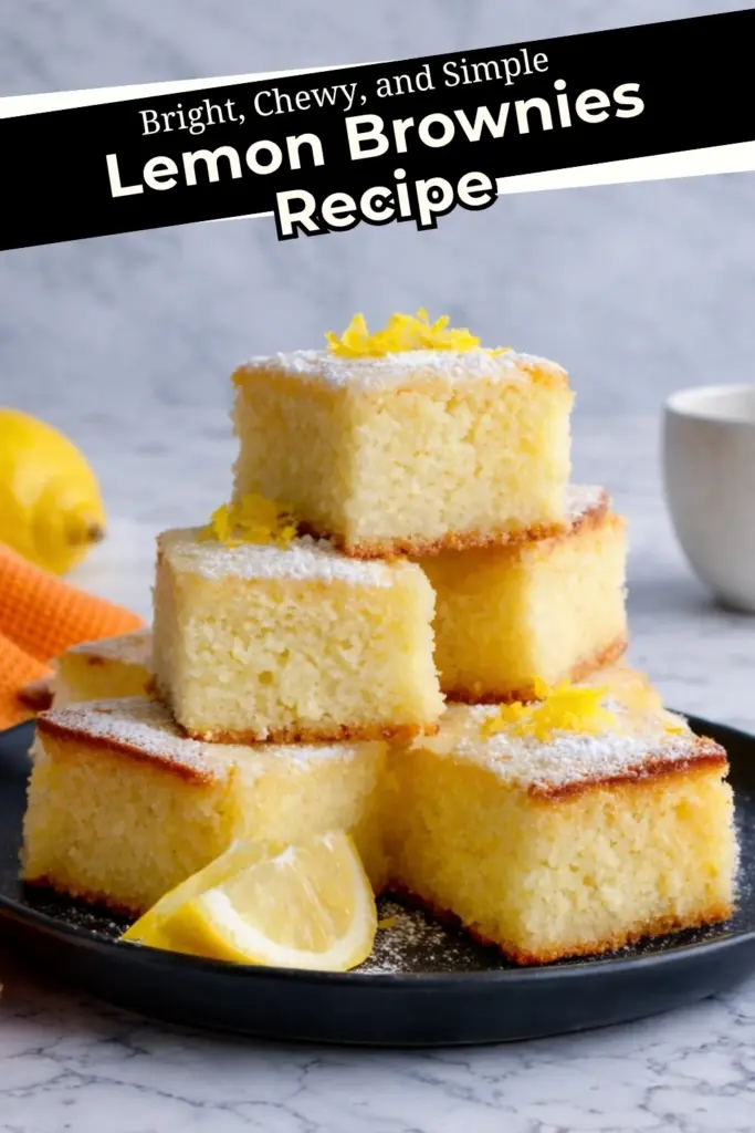 Lemon brownies stacked with powdered sugar and recipe text overlay