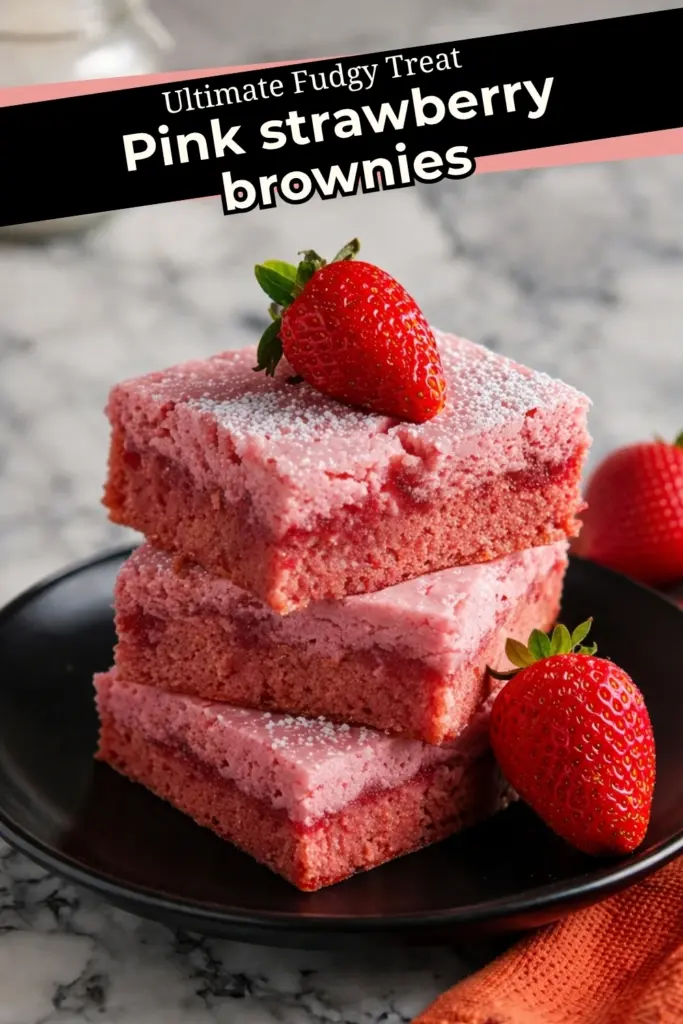 Pink strawberry brownies stack with fresh strawberries on black plate