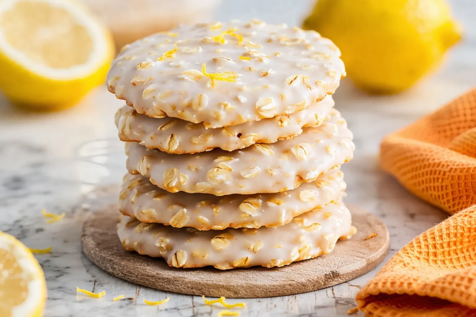 Lemon Oatmeal No Bake Cookies stacked with glaze and lemon zest on marble countertop