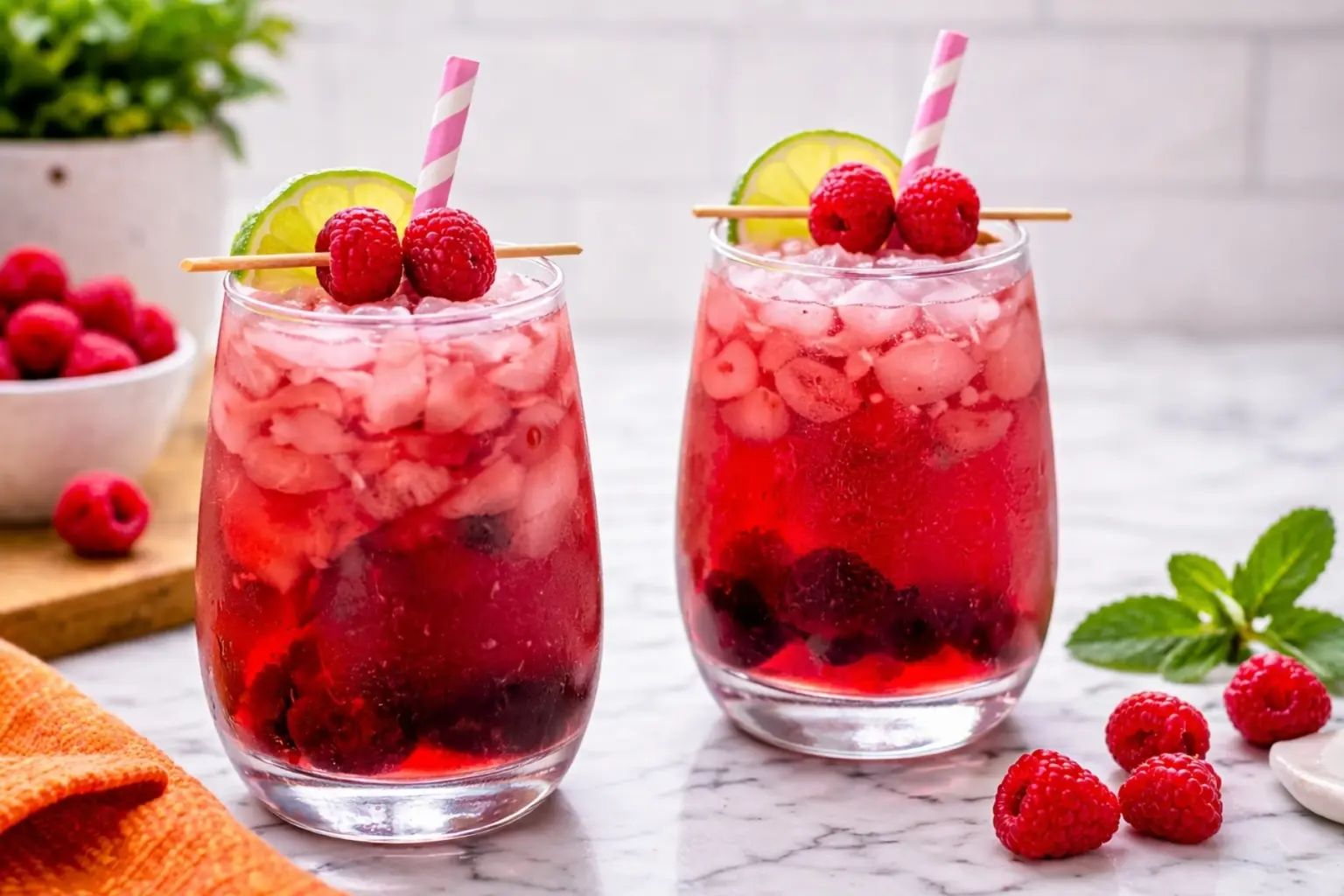 Refreshing red wine spritzer with raspberries lime and ice in glass