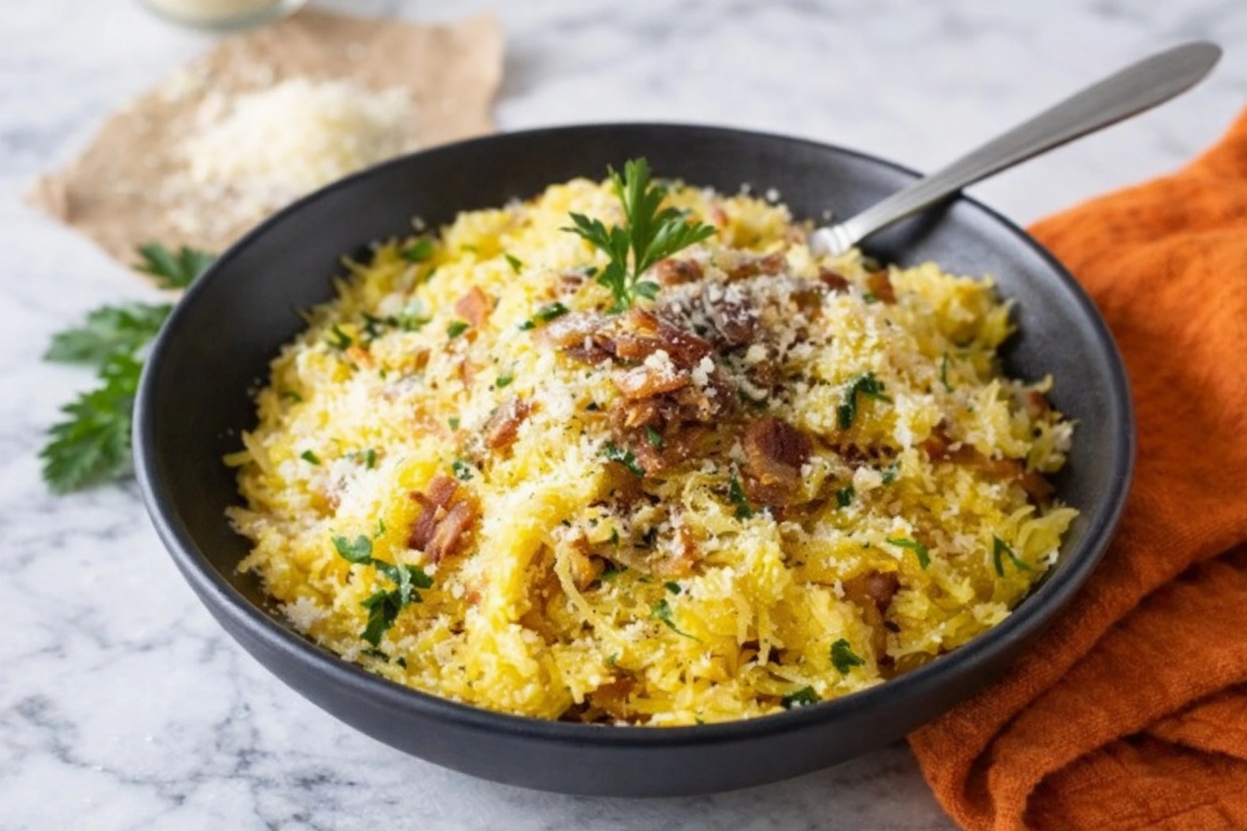 How to Cook Spaghetti Squash in Black Bowl with Parmesan and Bacon