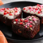 Fudgy heart shaped brownies with icing and colorful sprinkles on a black plate with orange kitchen towel