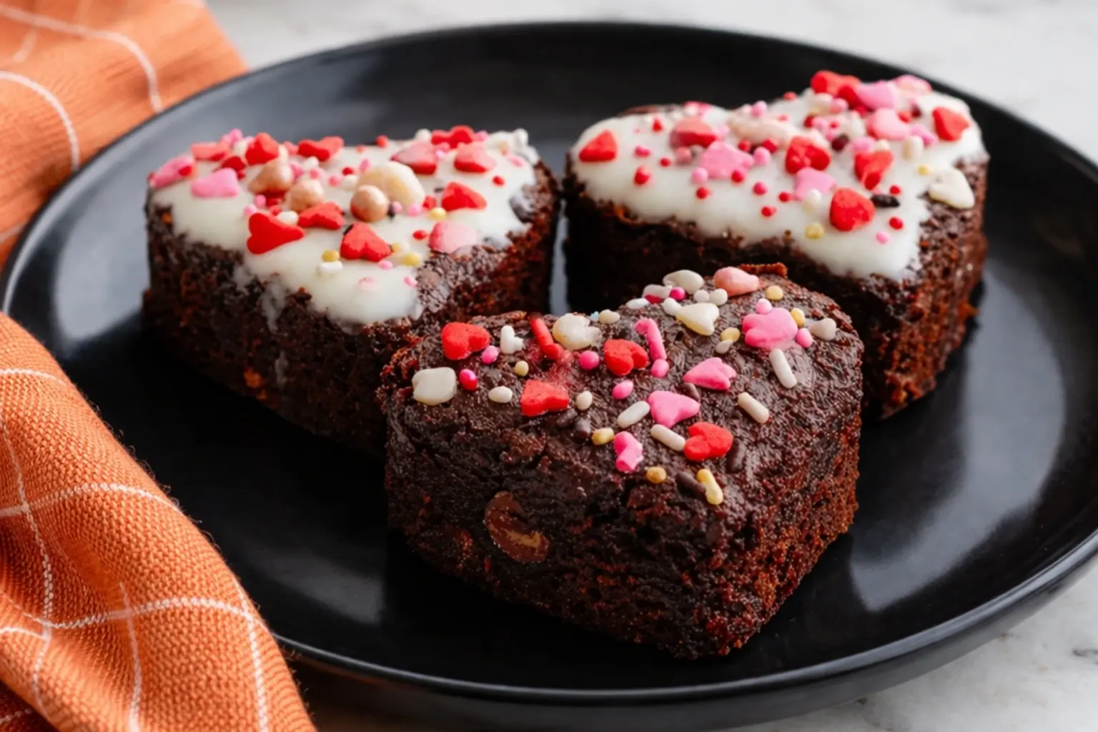 Fudgy heart shaped brownies with icing and colorful sprinkles on a black plate with orange kitchen towel