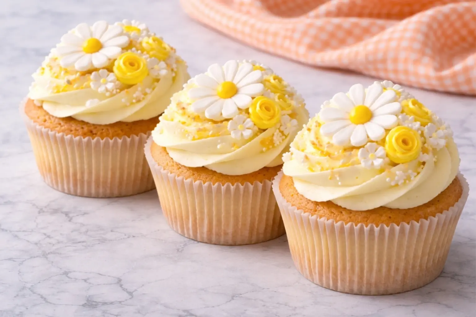 Daisy Cupcakes with Vanilla Frosting and Floral Toppers
