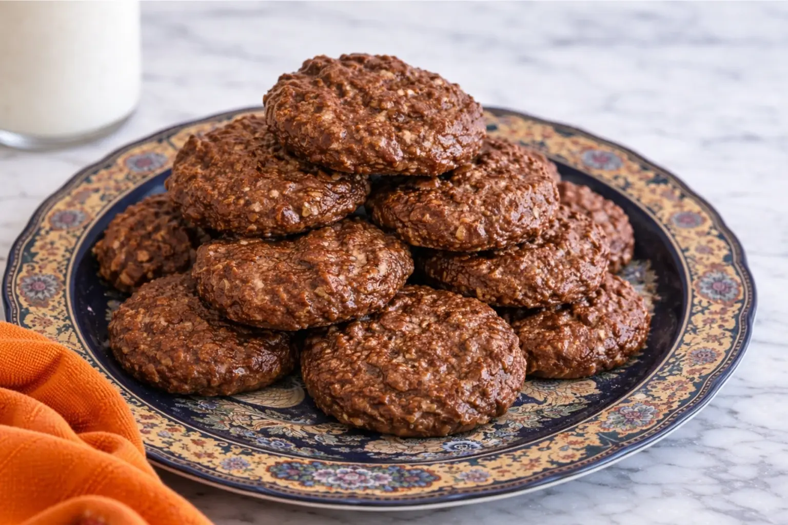 No bake chocolate oatmeal cookies stacked on decorative plate