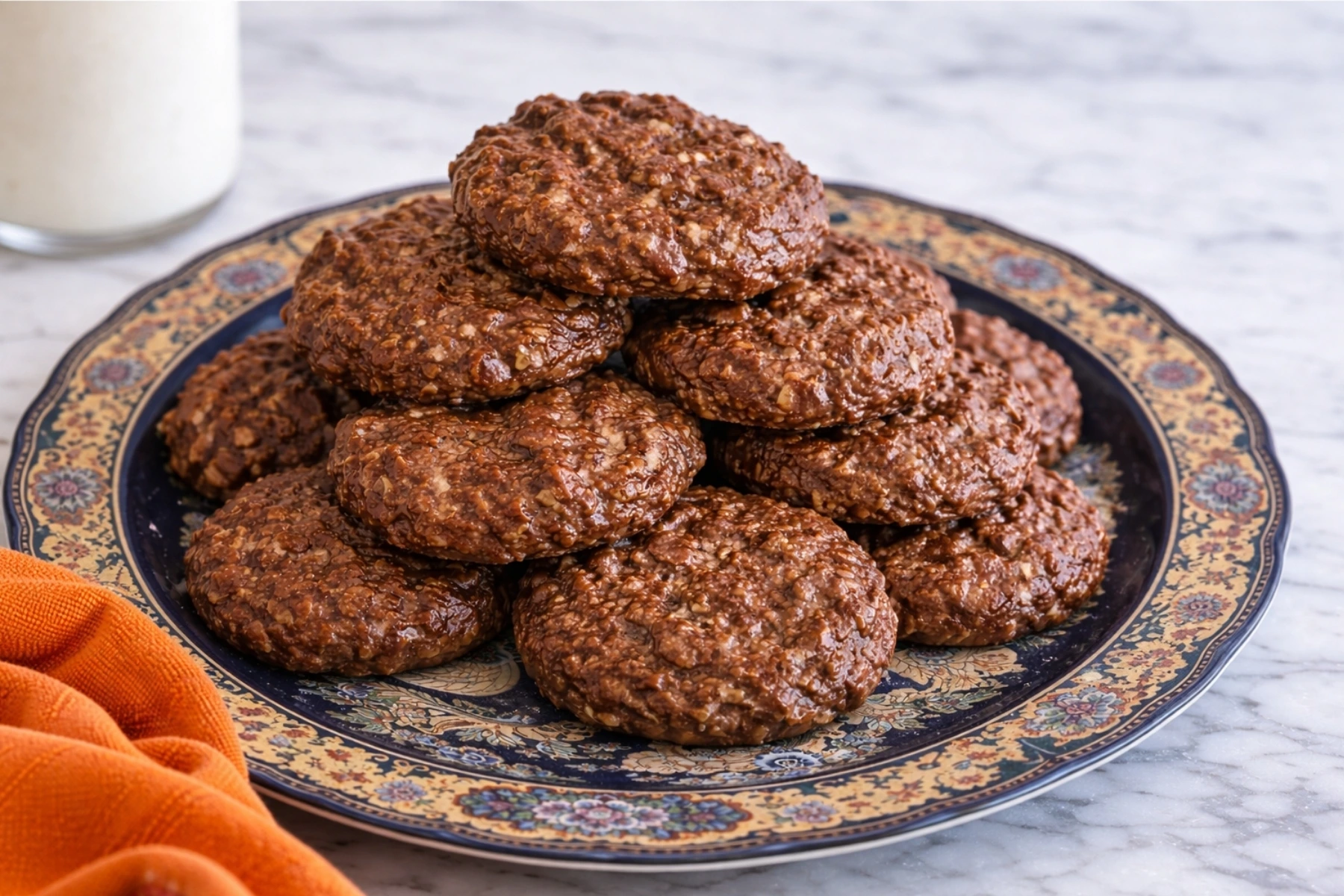 No bake chocolate oatmeal cookies stacked on decorative plate