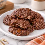 Classic No Bake Cookies on White Plate with Chocolate and Oats