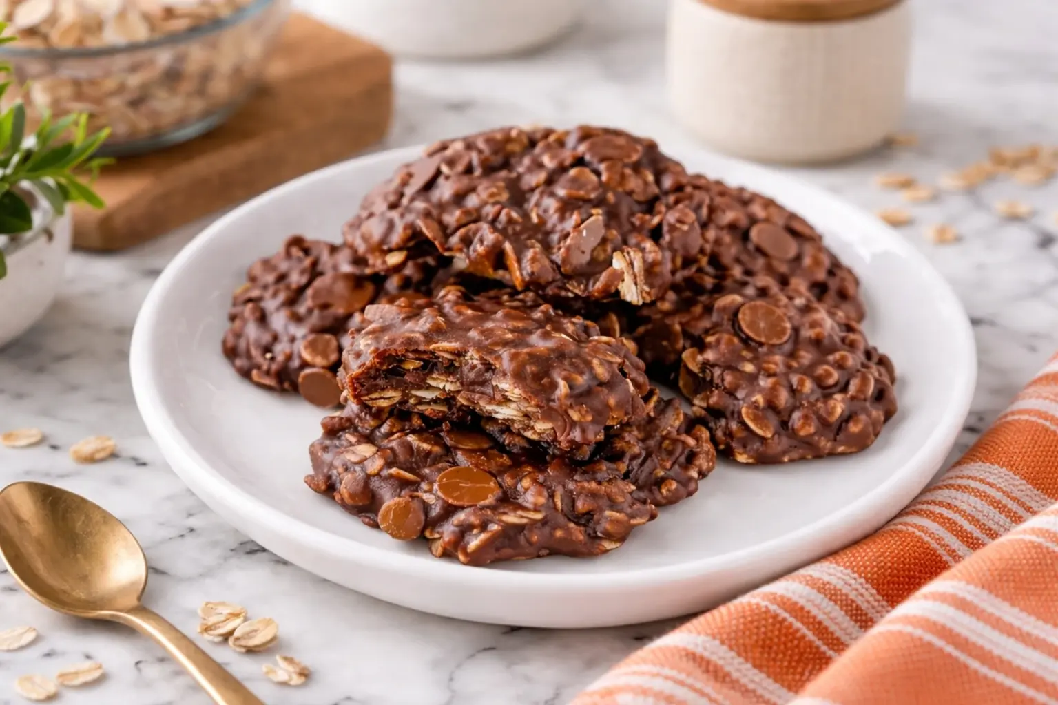 Classic No Bake Cookies on White Plate with Chocolate and Oats
