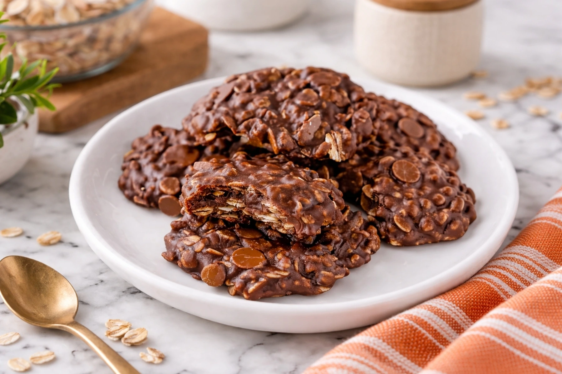 Classic No Bake Cookies on White Plate with Chocolate and Oats
