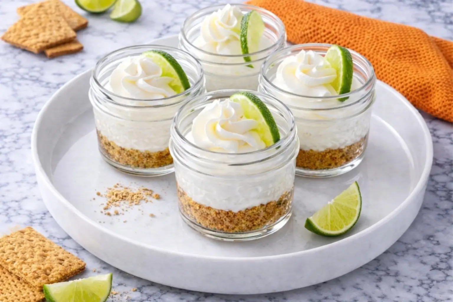 No-bake key lime pie jars with creamy cheesecake layers, graham cracker crust, whipped cream, and fresh lime wedges on a marble tray