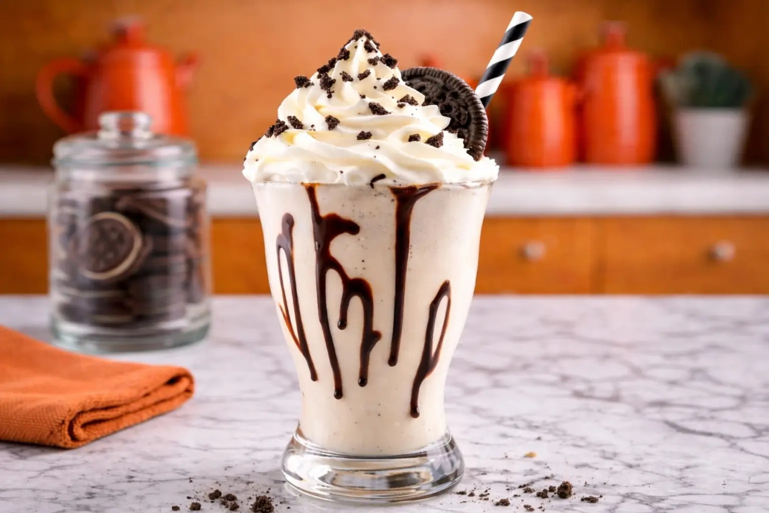 Cookies and Cream Milkshake in a tall glass with whipped cream and chocolate drizzle