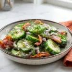 Cucumber salad with crispy bacon and red onion in creamy dill dressing