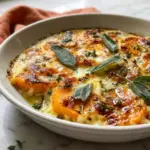 Sage Butternut Squash Gratin with melted cheese and crispy golden top in white baking dish