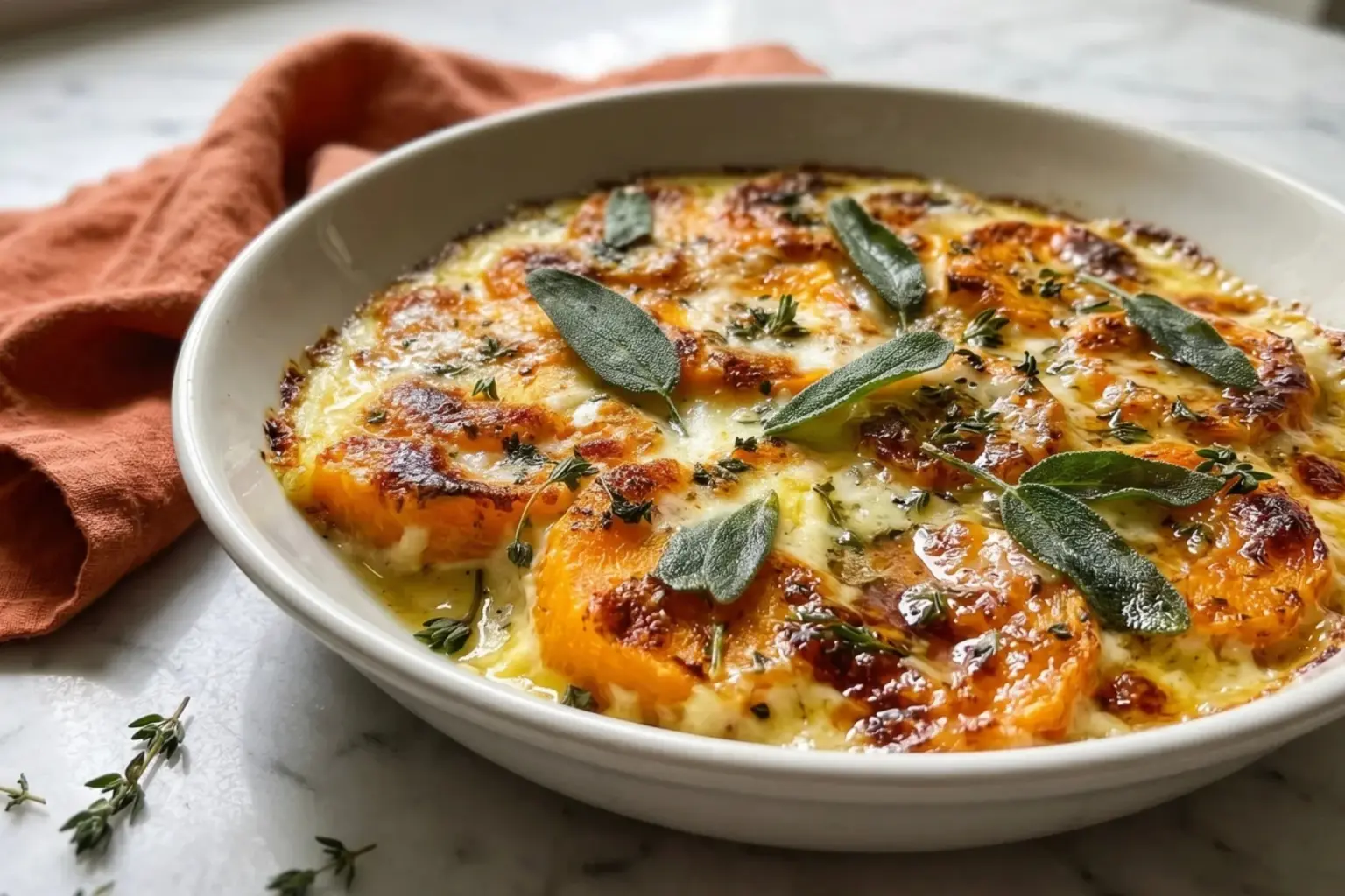 Sage Butternut Squash Gratin with melted cheese and crispy golden top in white baking dish