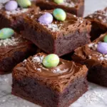 Malted Milk Chocolate Brownies with frosting and mini eggs on marble countertop
