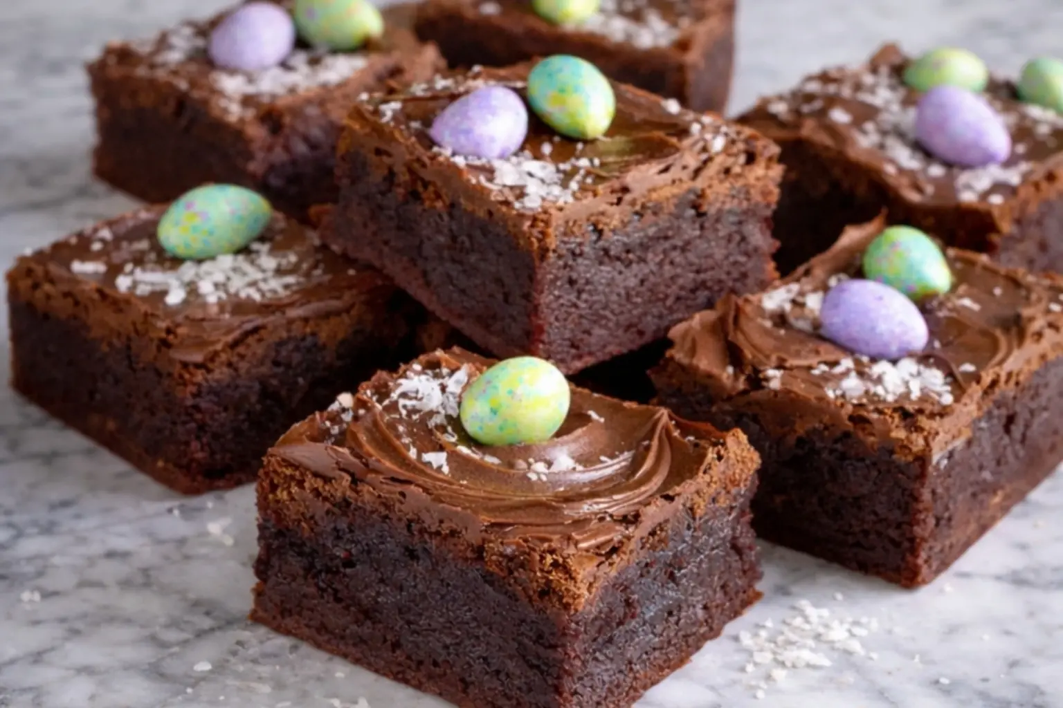 Malted Milk Chocolate Brownies with frosting and mini eggs on marble countertop