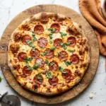 Cottage cheese pizza crust topped with melted mozzarella, pepperoni, and fresh basil on a wooden board over a marble countertop with orange kitchen towel