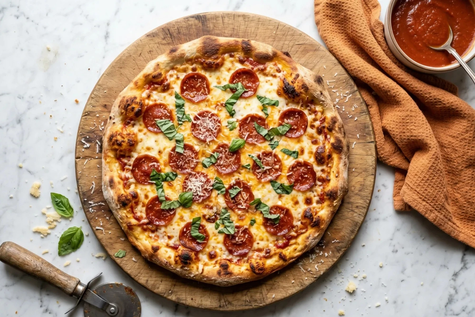 Cottage cheese pizza crust topped with melted mozzarella, pepperoni, and fresh basil on a wooden board over a marble countertop with orange kitchen towel