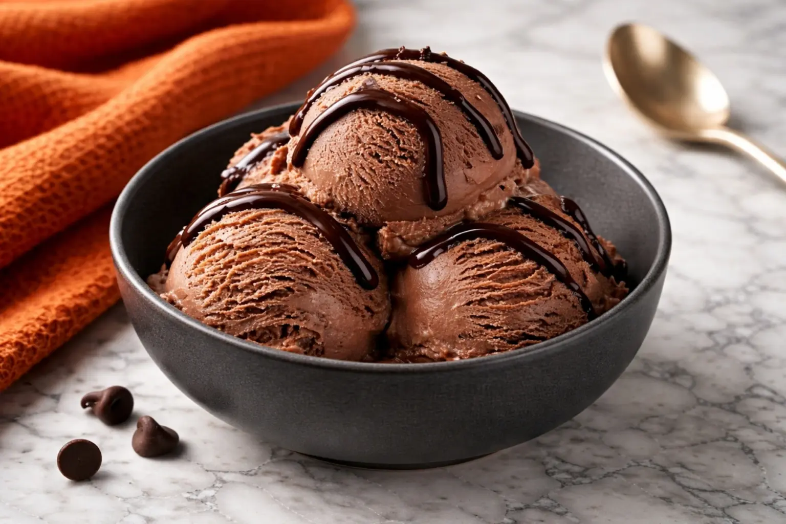 Cottage cheese chocolate ice cream in a dark gray bowl topped with chocolate drizzle on a marble countertop with an orange kitchen towel