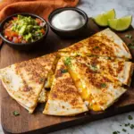 Cottage cheese quesadilla sliced into crispy golden triangles with melted cheese, served on a wooden board with guacamole, sour cream, and lime wedges on a marble countertop