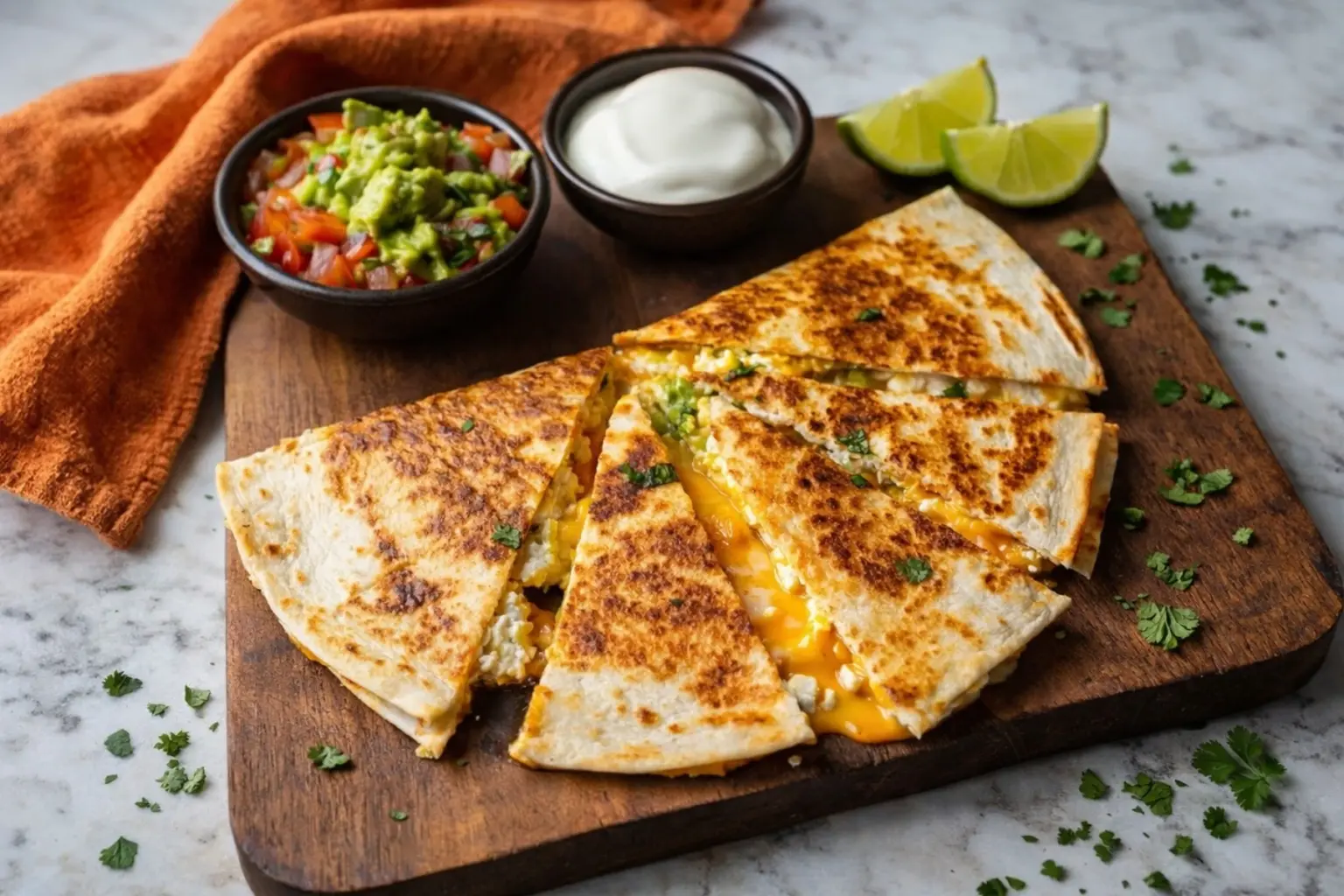 Cottage cheese quesadilla sliced into crispy golden triangles with melted cheese, served on a wooden board with guacamole, sour cream, and lime wedges on a marble countertop