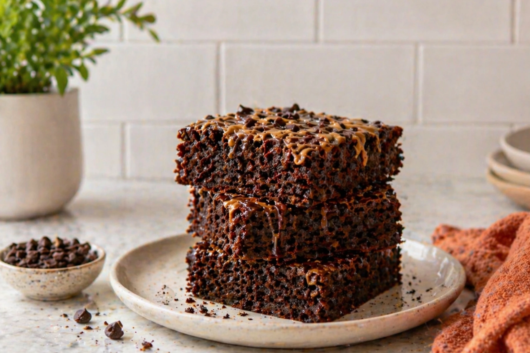 Cottage cheese brownie recipe stacked on a plate with chocolate chips