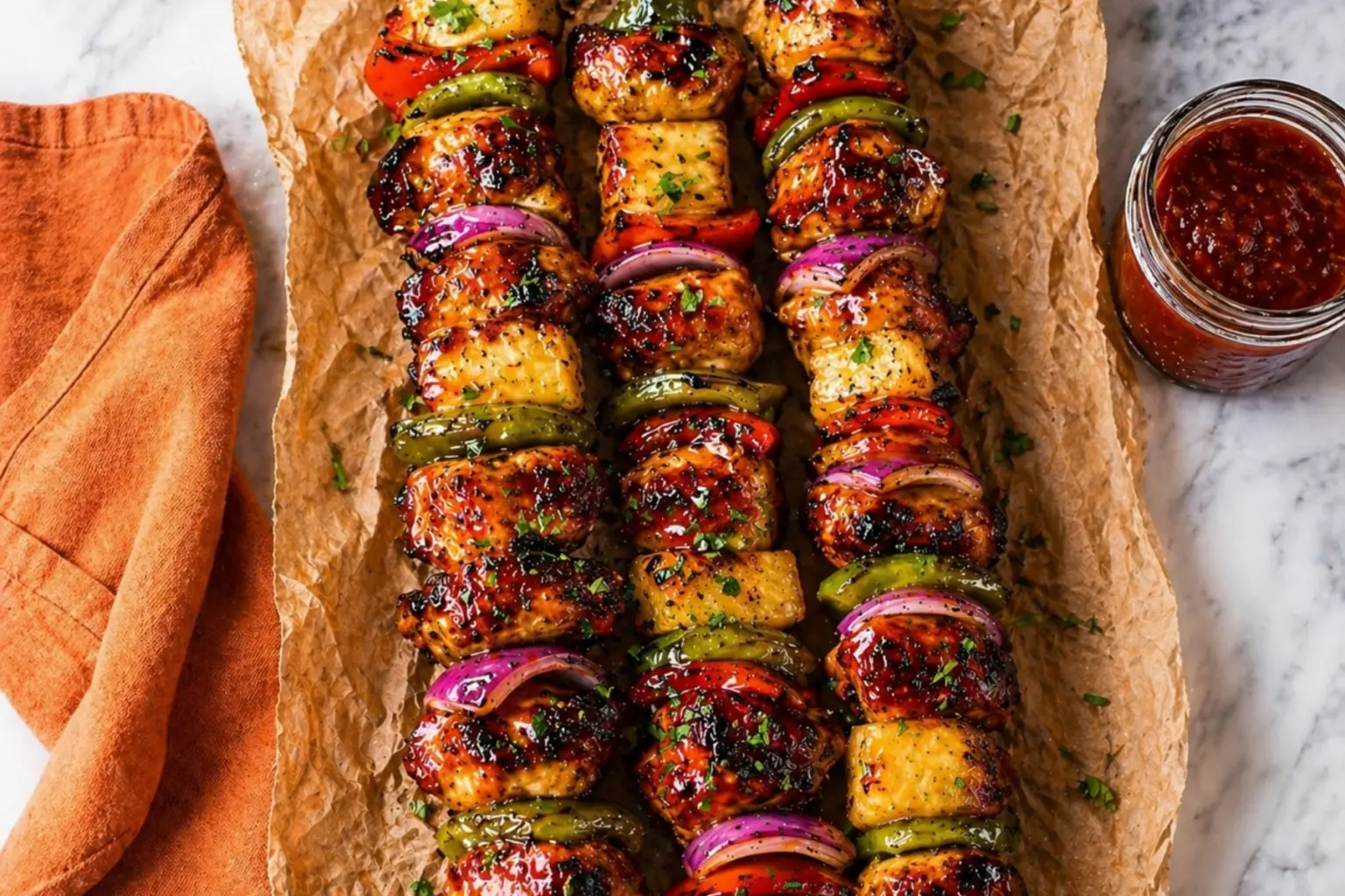 Grilled BBQ Chicken Kabobs with pineapple, peppers, red onion, and glossy BBQ sauce on parchment paper