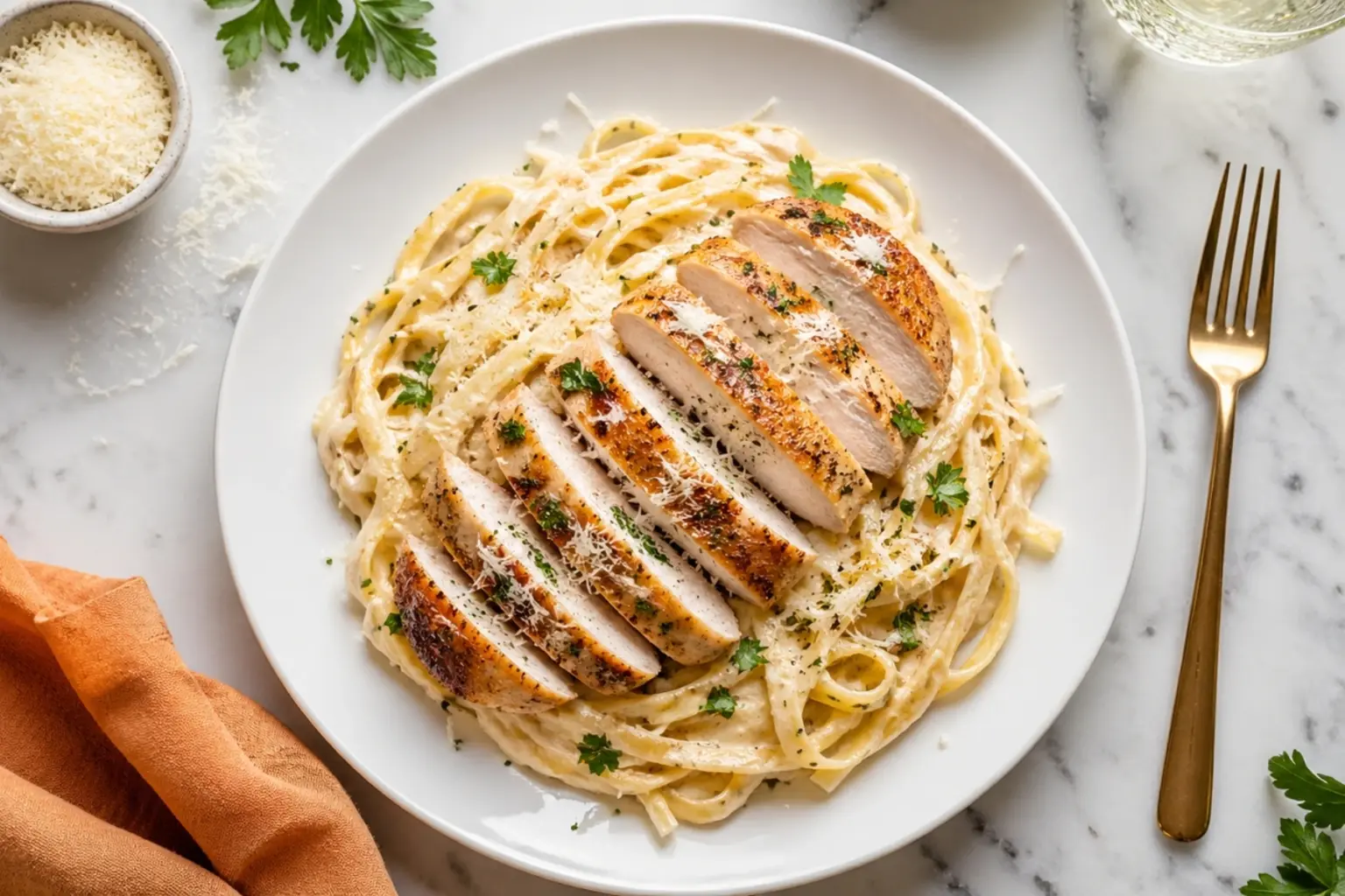 Chicken Alfredo Recipe with creamy fettuccine, sliced golden chicken, parmesan, and parsley served on a white plate.