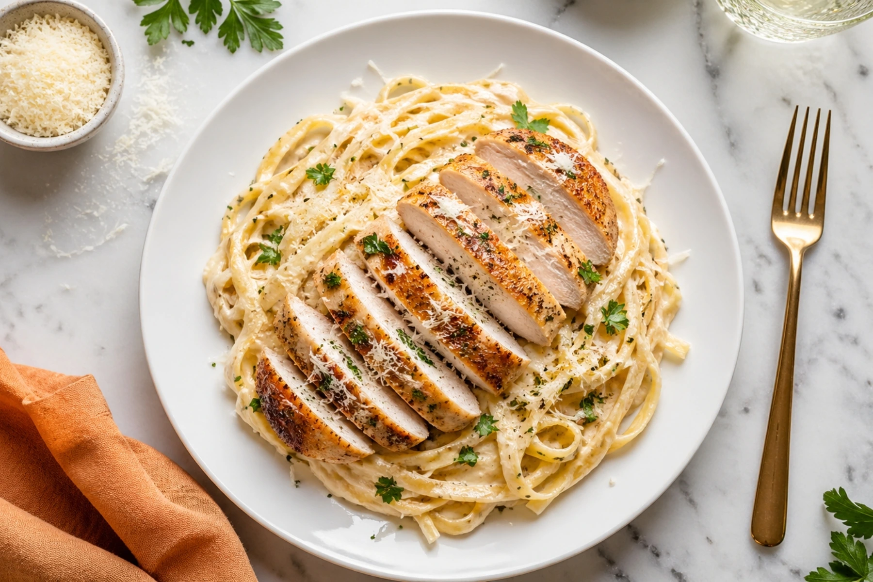 Chicken Alfredo Recipe with creamy fettuccine, sliced golden chicken, parmesan, and parsley served on a white plate.