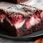 Fudgy Strawberry Swirl Brownies with Cream Cheese on Black Plate