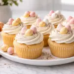 Speckled Egg Easter Cupcakes with vanilla buttercream and pastel chocolate eggs on marble countertop