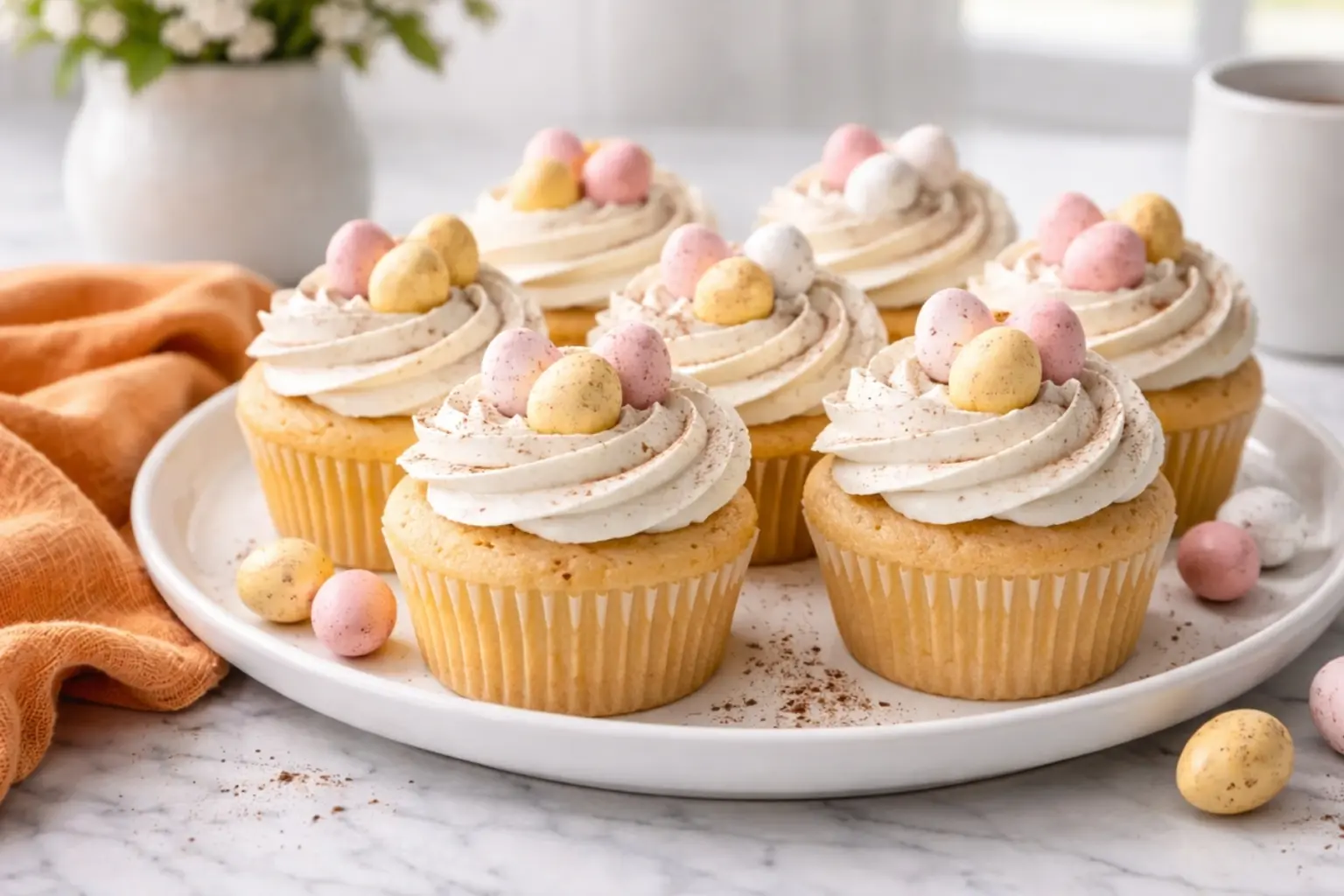 Speckled Egg Easter Cupcakes with vanilla buttercream and pastel chocolate eggs on marble countertop