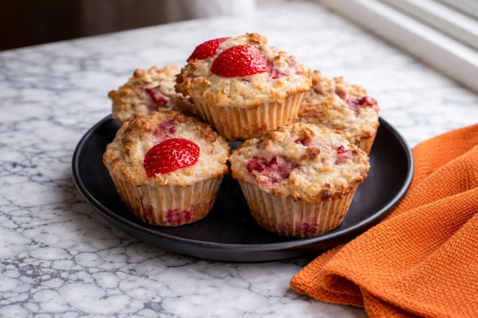 Strawberry Oatmeal Muffins on Black Plate with Fresh Strawberries