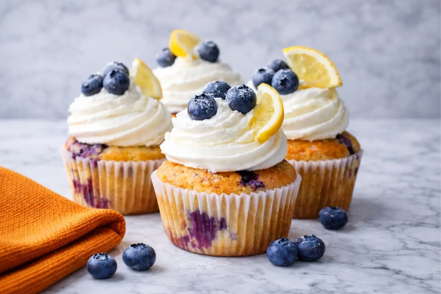 Lemon blueberry cupcakes with cream frosting and fresh blueberries on marble countertop